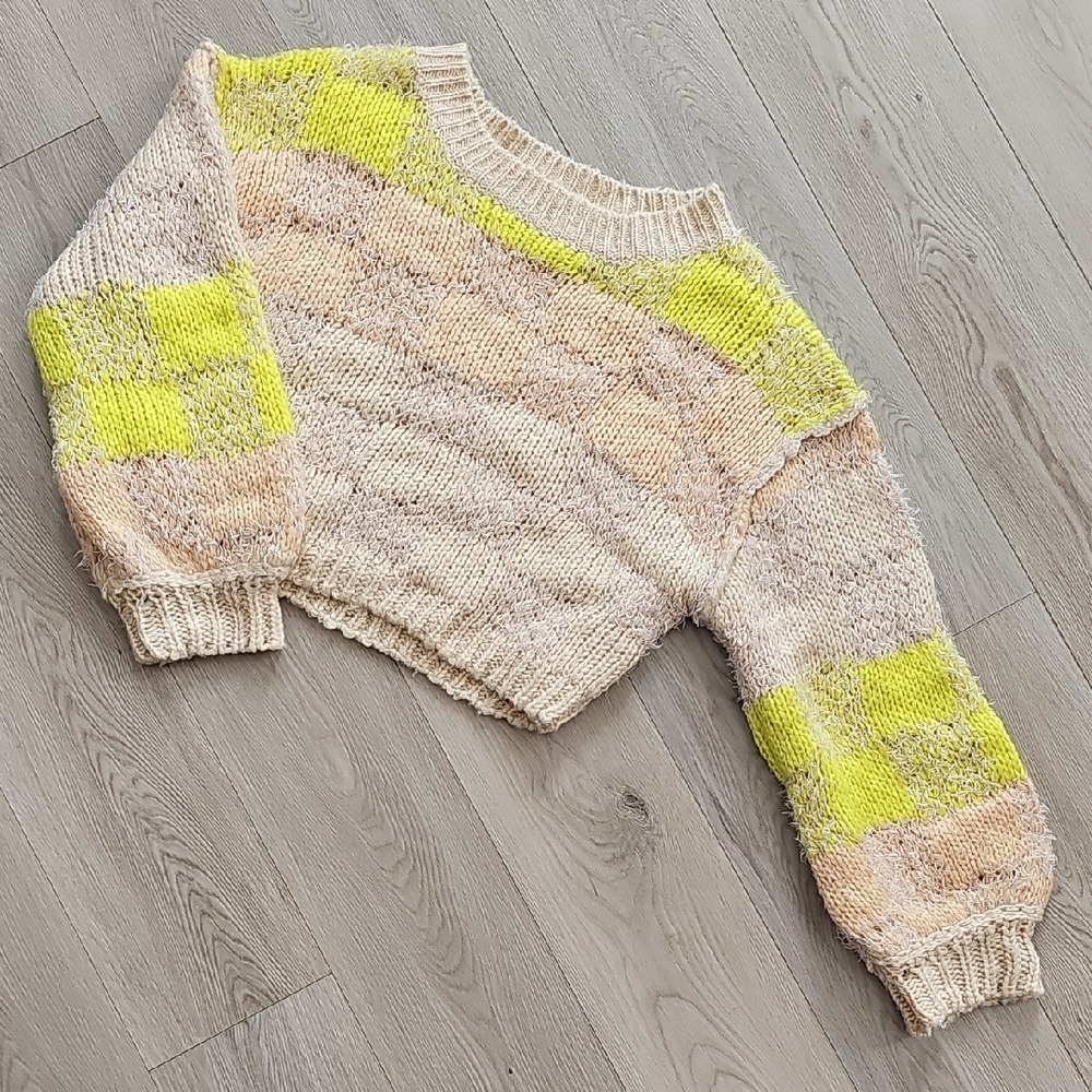Miss Love Chunky Knit Bright‎ Yellow & Cream Balloon Sleeve Cropped Sweater